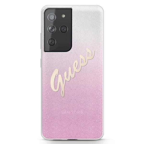 Husa Spate Guess Compatibila Cu Samsung Galaxy S21 Ultra, Script Glitter Gradient, Roz – 0495995