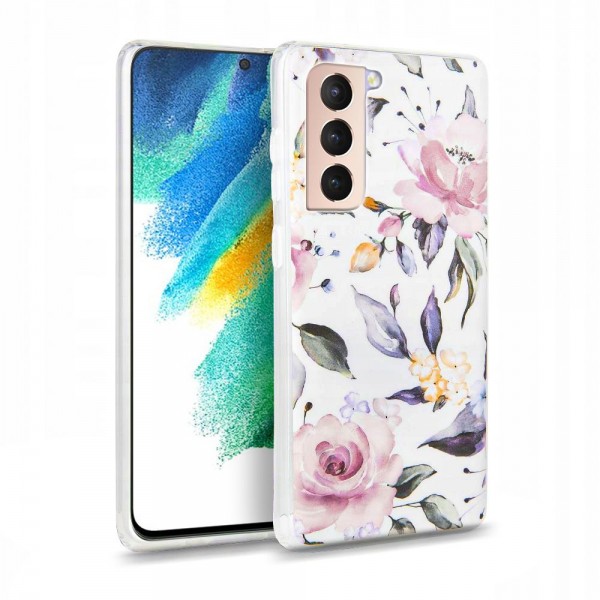 Husa Spate Tech-protect Floral Silicone Compatibila Cu Samsung Galaxy S21 FE, Alb
