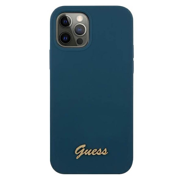 Husa Spate Guess, Compatibila Cu iPhone 12/12 Pro, Colectia Metal Logo Script, Albastru – 43018