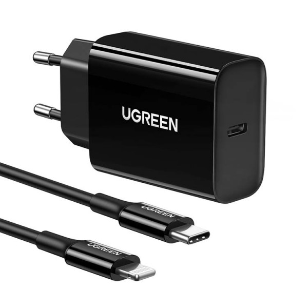 Incarcator Retea Ugreen, USB Type C 20W, Power Delivery, Cablu MFI USB Type C – Lightning, Negru – 50799