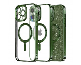 Husa Upzz Luxury Crystal Glitter MagSafe Protectie La Camere, Compatibila Cu iPhone 15 Pro - Deep Green