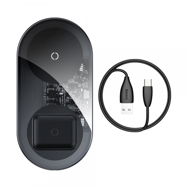 Incarcator Premium De Birou Wireless Baseus Simple 2 In 1 Pentru Telefon Si Airpods 18w Negru Transparent