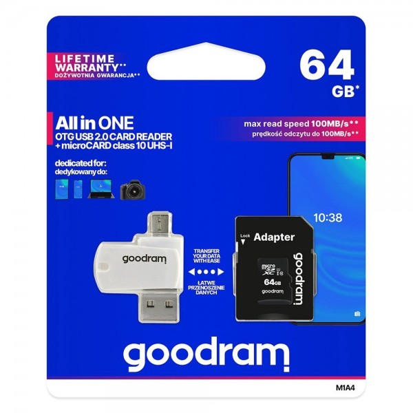Card Microsd Goodram All In One 64gb Uhs-i ,clasa 10 ,adaptor Sd ,cititor Microsd Otg