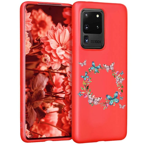 Husa Silicon Soft Upzz Print Candy Compatibila Cu Samsung Galaxy S20 Ultra, Model Butterflies Circle Rosu