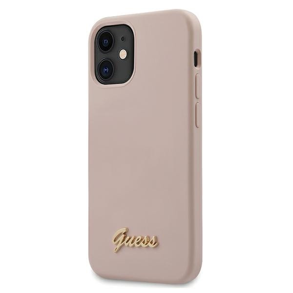 Husa Premium Originala Guess iPhone 12 Mini ,colectia Silicon Script Logo ,roz -guhcp12slslmglp