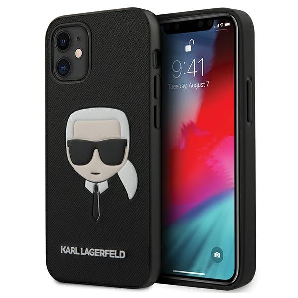 Husa Premium Karl Lagerfeld iPhone 12 Mini ,colectia Saffiano Ikonik Karl Head ,negru / Roz - Klhcp12ssakhbk