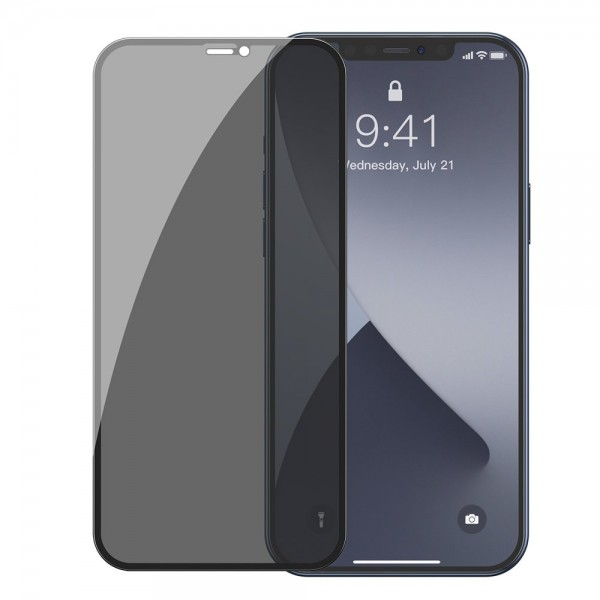 Set 2 X Folie Sticla Securizata Premium Baseus Pentru iPhone 12 Pro Max, Privacy Cu Rama Neagra - Sgapiph67n-tg01