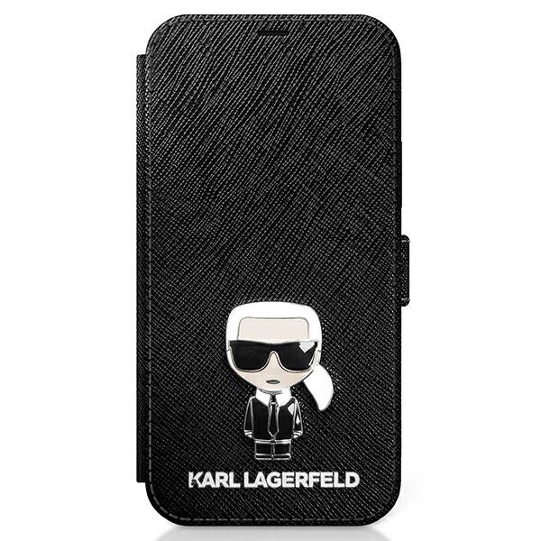 Husa Premium Originala Tip Carte Karl Lagerfeld iPhone 12 Pro Max, Colectia Saffiano Ikonik Metal, Negru – Klflbkp12likmsbk Carte imagine noua 2022