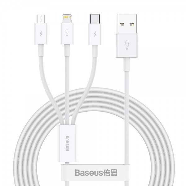Cablu Date Incarcare Baseus Superior 3 In 1, Lightning, Microusb, Usb Type-c, 3.5a, 1.5m, Alb - Camltys-02