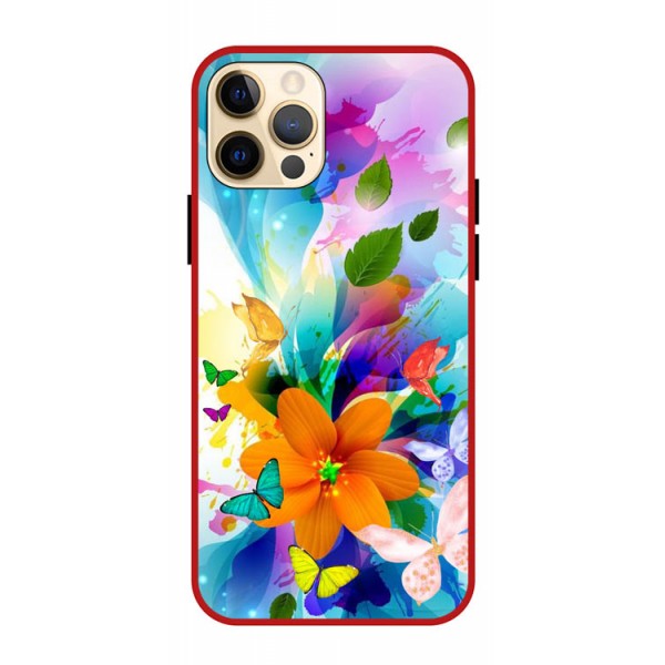 Husa Premium Spate Upzz Pro Anti Shock Compatibila Cu iPhone 12 Pro, Model Painted Butterflies 2, Rama Rosie