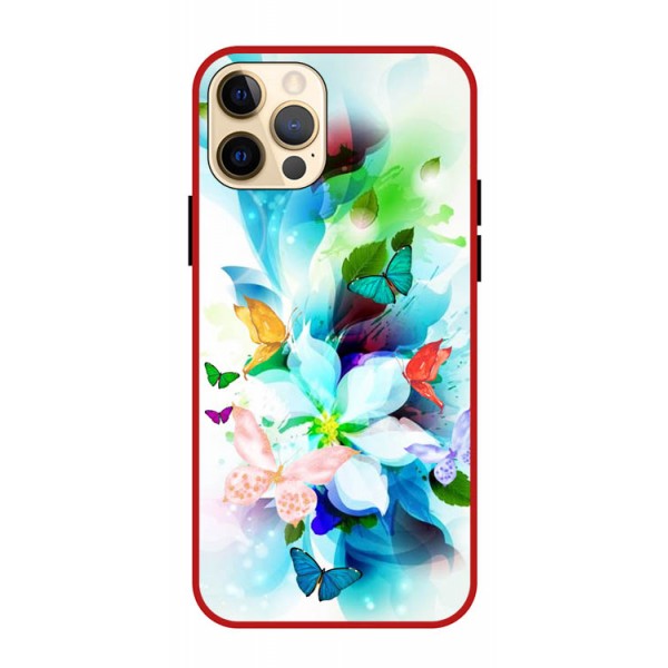 Husa Premium Spate Upzz Pro Anti Shock Compatibila Cu iPhone 12 Pro, Model Painted Butterflies, Rama Rosie