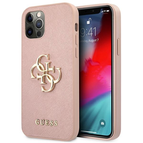 Husa Spate Premium Guess Compatibila Cu iPhone 12 / 12 Pro, Colectia Saffiano Metal Logo, Roz – 4699