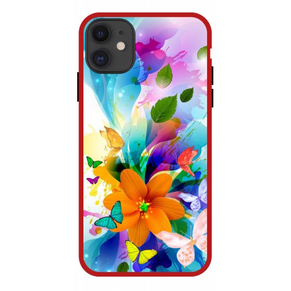 Husa Premium Spate Upzz Pro Anti Shock Compatibila Cu iPhone 11, Model Painted Butterflies 2, Rama Rosie