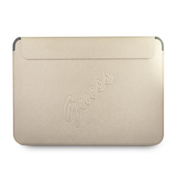 Husa Premium Guess Sleeve Saffiano Scrip Compatibila Cu Laptop / Macbook Pro / Air 13inch, Gold geekmall.ro imagine noua tecomm.ro