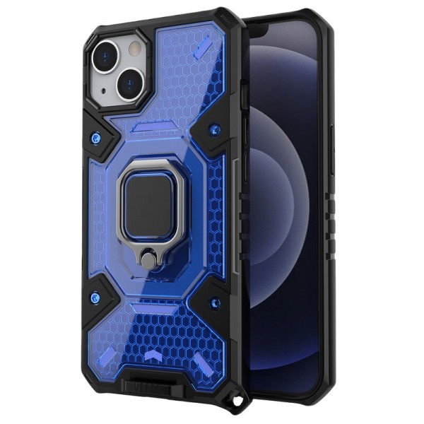 Husa Spate Upzz Techsuit Honeycomb Armor Cu Inel Metalic Compatibila Cu iPhone 13 Albastru